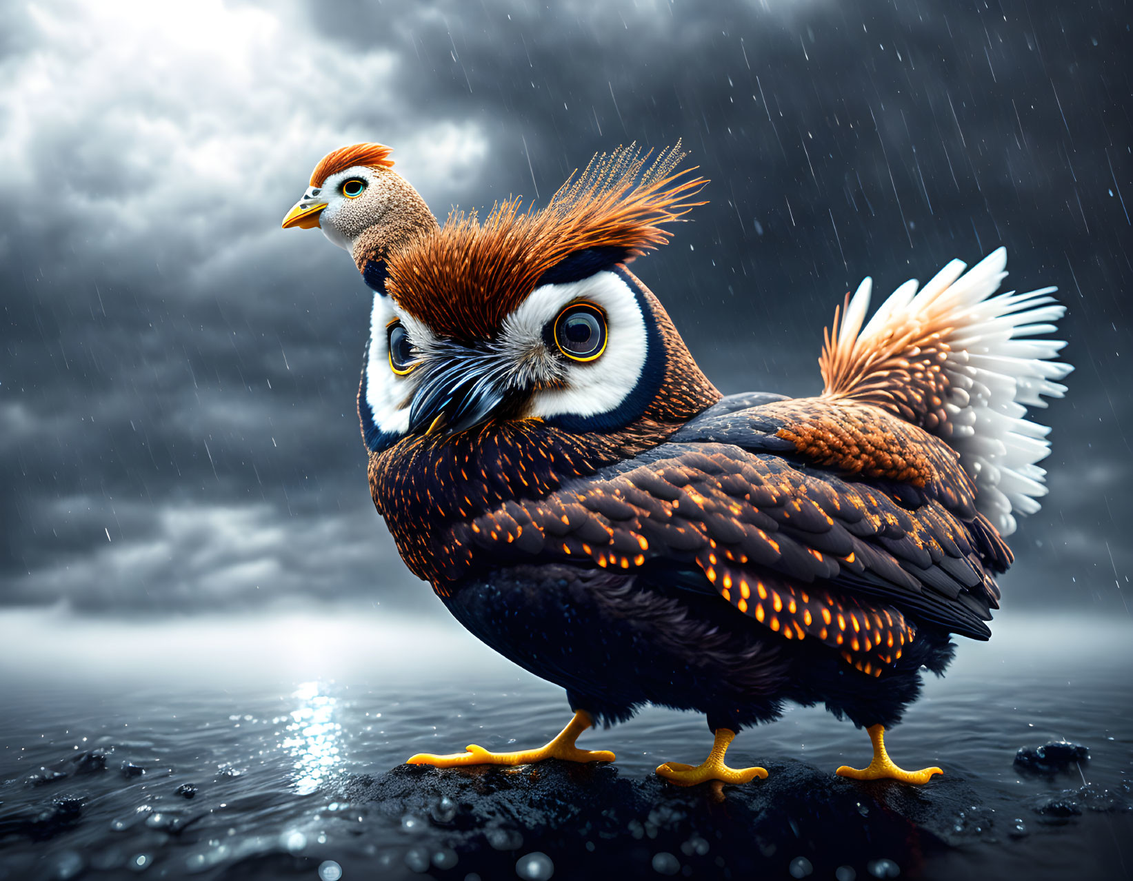 Composite image of multi-headed bird in stormy backdrop