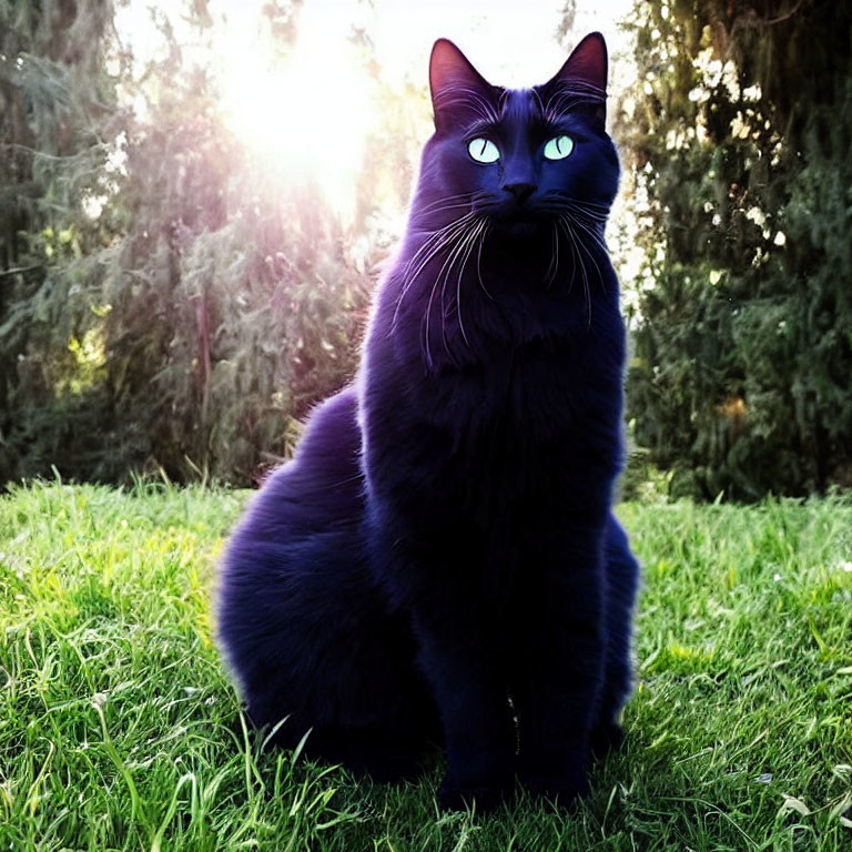 Black cat with blue eyes on grassy field at sunset