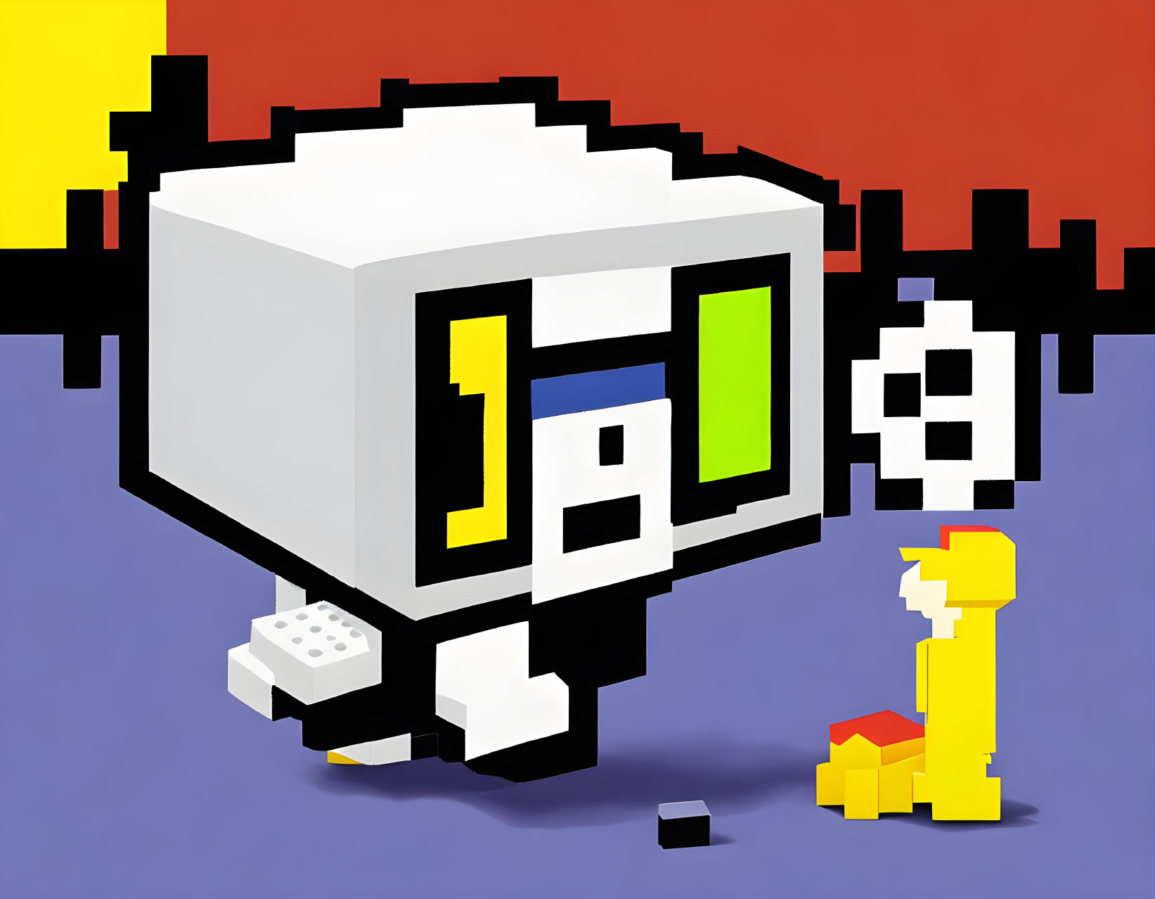 Colorful pixelated artwork featuring cube with face, character, and abstract shapes