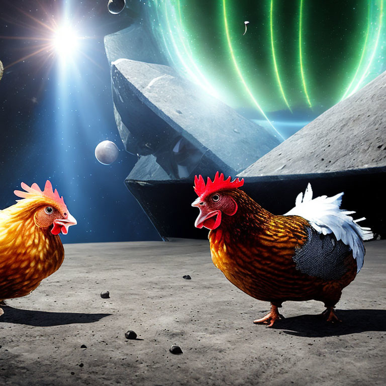 Chickens on lunar surface under vibrant aurora with asteroids and distant planet.