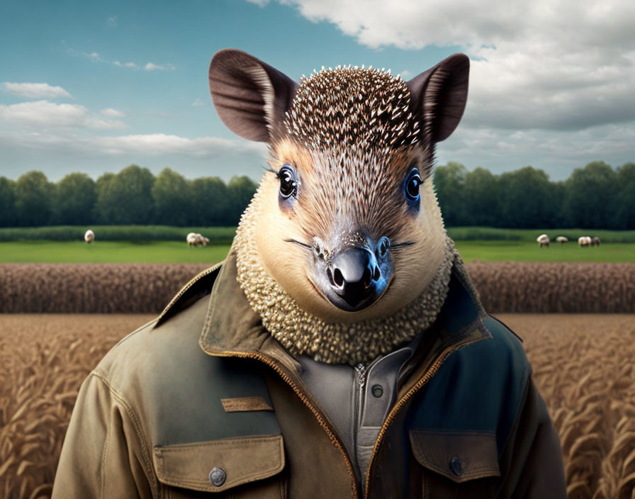 Anthropomorphic hedgehog in coat in pastoral field with sheep