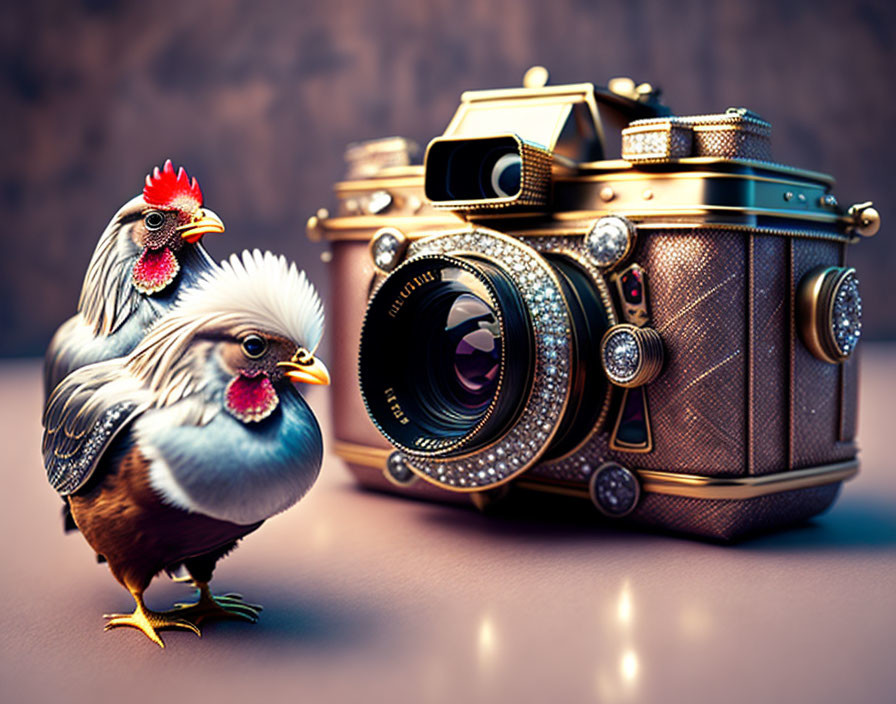 Colorful stylized chickens with vintage camera on brown surface