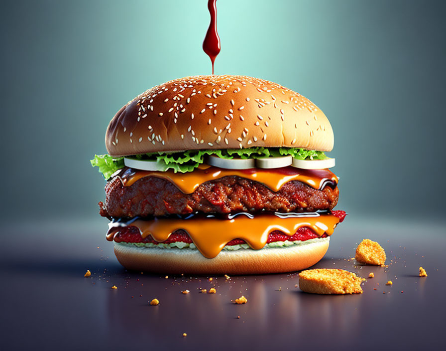 Delicious double cheeseburger with lettuce and ketchup on dark background