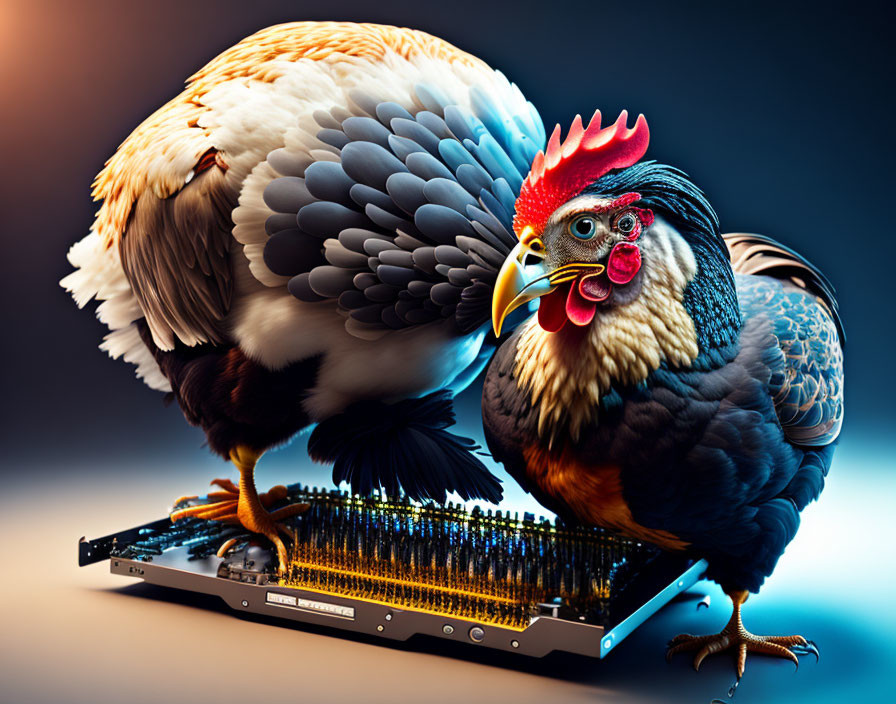 Colorful Rooster on Computer Circuit Board Displaying Vibrant Feathers