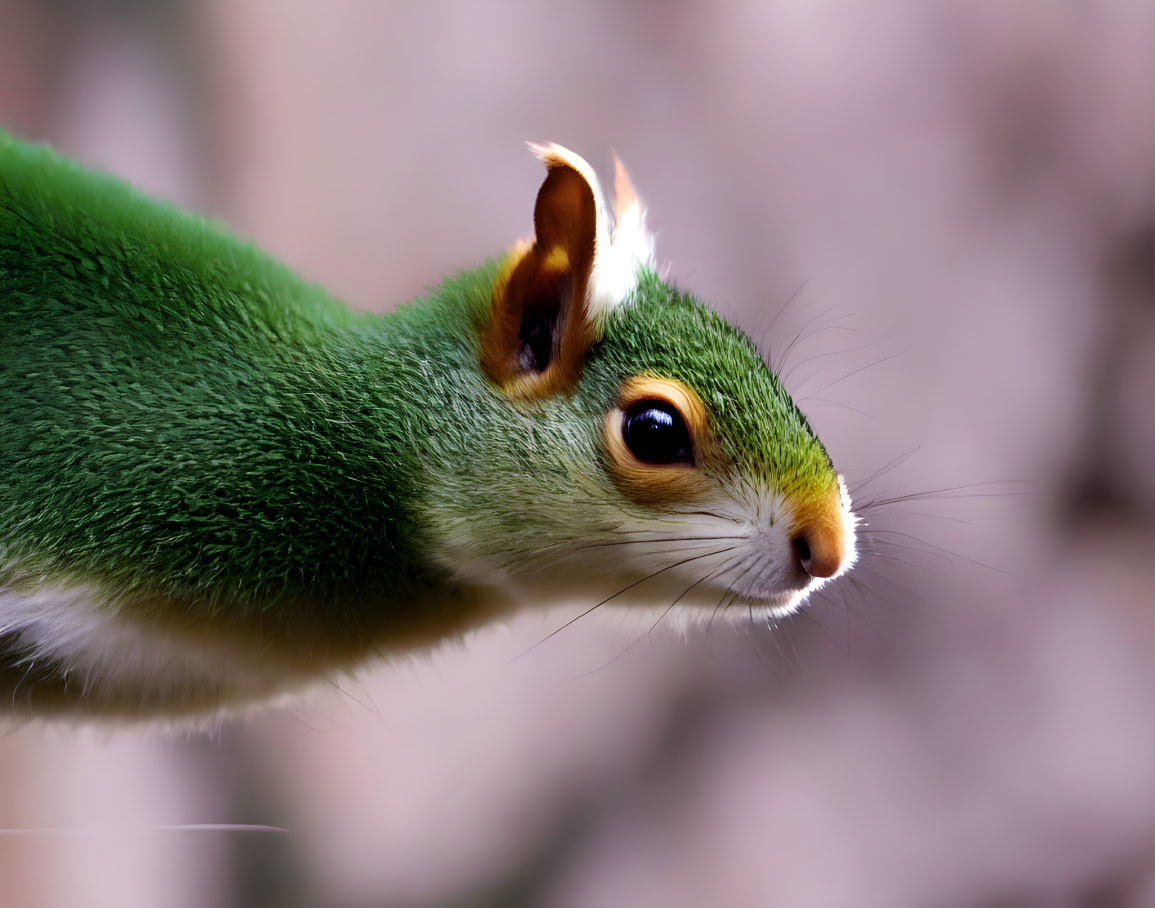 Vibrant green fur squirrel with prominent eyes in close-up shot