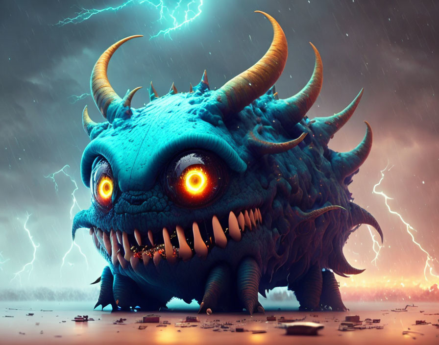 Blue horned creature with glowing eyes in stormy sky