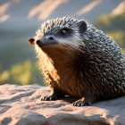 3D-rendered hedgehog on rock in warm sunlight with mountain background