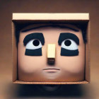 Cardboard box face with cut-out eyes and nose conveying surprise or intrigue