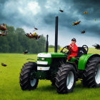 Green tractor driving in open field with flying ducks against stormy sky