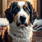 Bernese Mountain Dog with expressive eyes near cozy fireplace