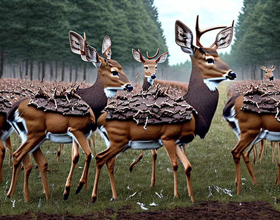 Chocolate Bars on Deers in Wooded Area: Central Deer Making Eye Contact