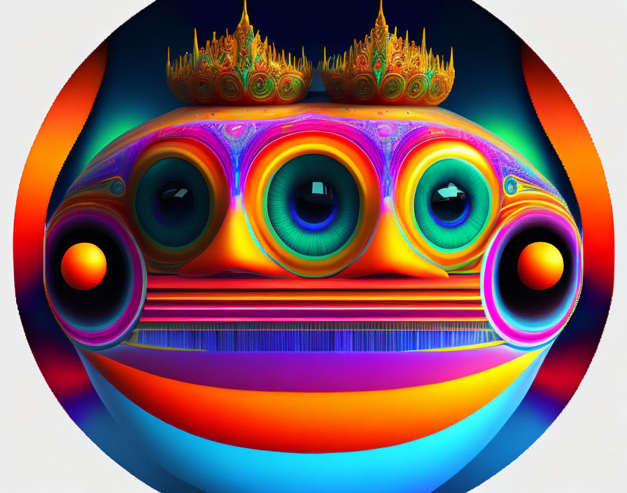 Symmetrical abstract digital artwork with vibrant colors and eye and crown patterns