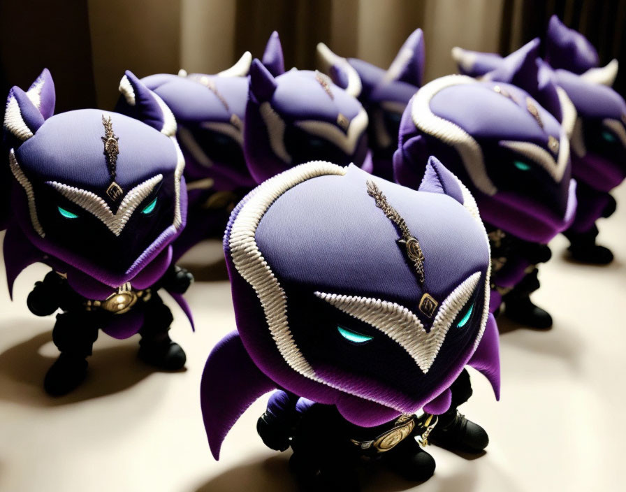 Stylized purple and black figurines with glowing blue eyes in descending perspective.