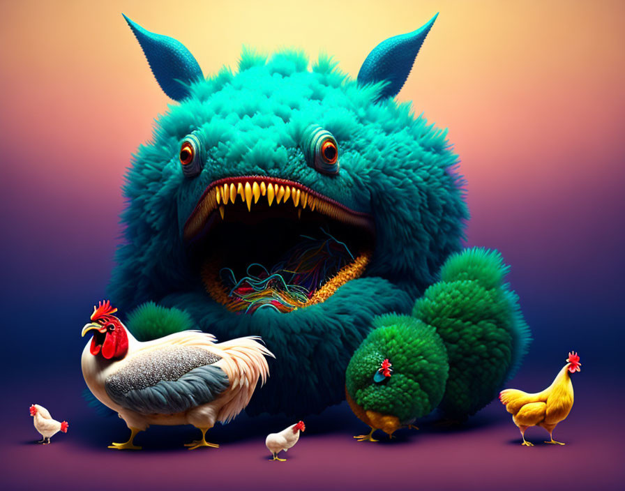 Colorful Illustration of Fluffy Blue Creature Among Chickens