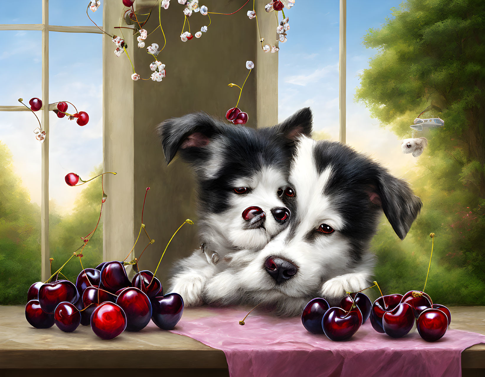 Black and white puppies with cherry-stained fur among cherries on a table