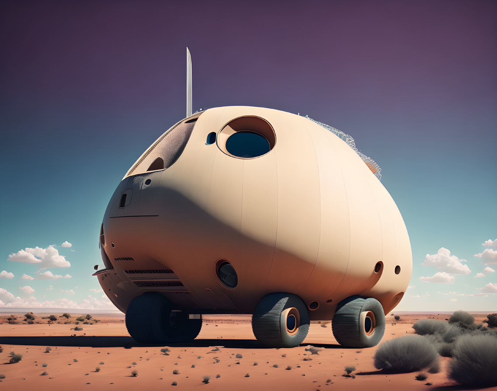 Futuristic spherical vehicle parked in desert landscape