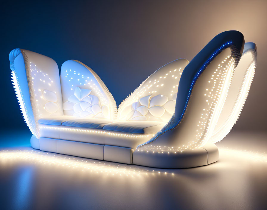 Modern white LED-lit sofa in dimly lit room