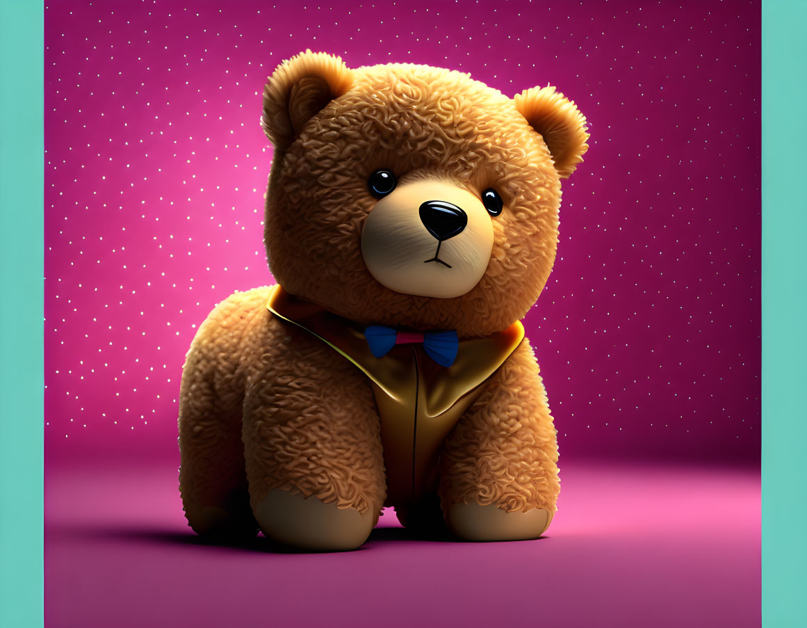 Adorable 3D Teddy Bear with Shiny Eyes and Blue Bow Tie on Starry Pink Background