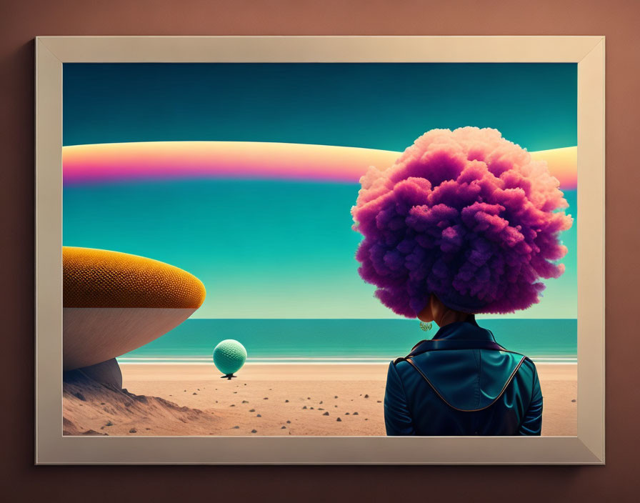 Vibrant purple afro person gazes at surreal beach scene