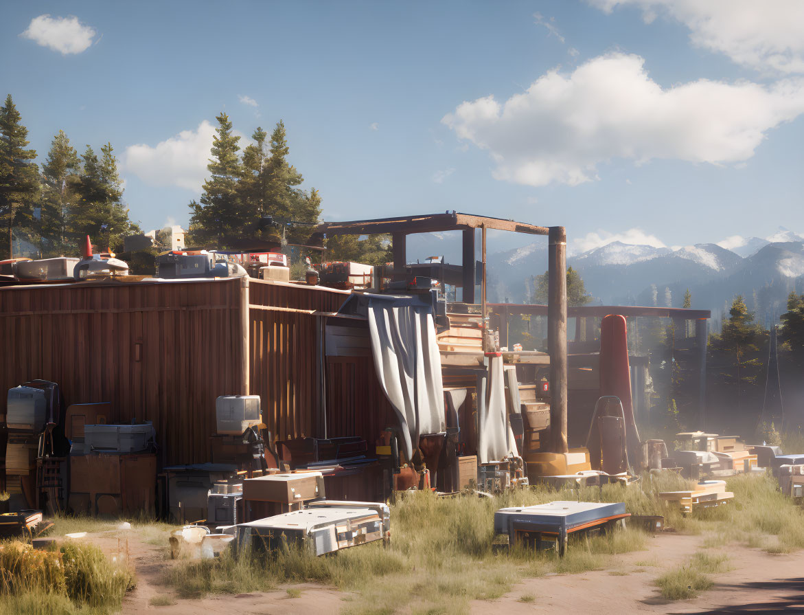 Rustic building surrounded by cluttered outdoor area in forest.