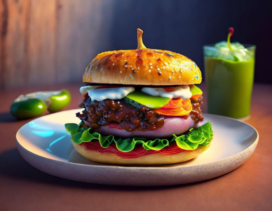 Classic Burger with Fresh Ingredients and Green Smoothie Combo