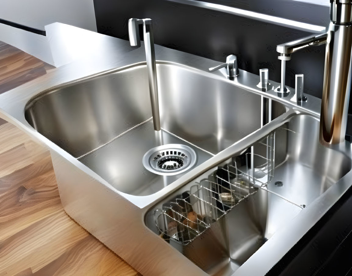 Contemporary Stainless Steel Double Sink with Faucet and Dish Drainer on Black Countertop