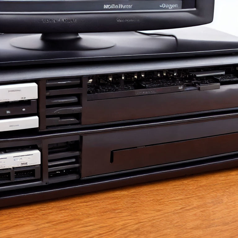 Stack of audio equipment with open CD trays on wooden surface