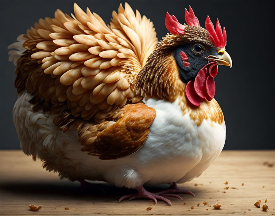 Brown and white plump chicken with red comb on wooden surface