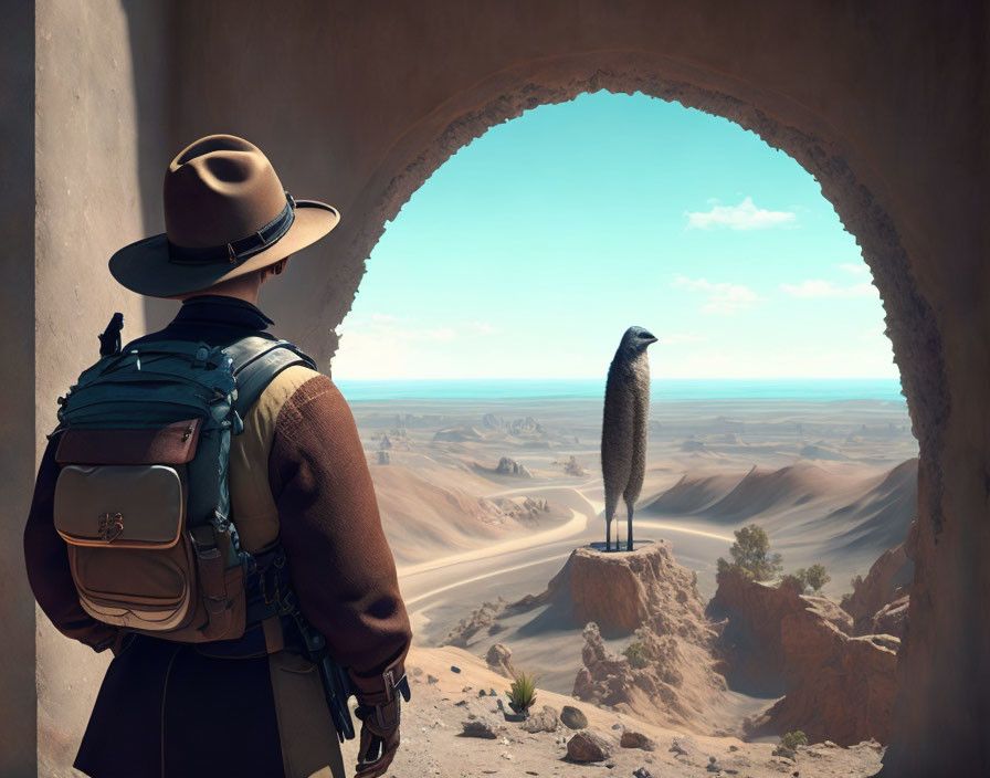 Traveler with hat and backpack in stone archway gazes at desert with giant meerkat statue