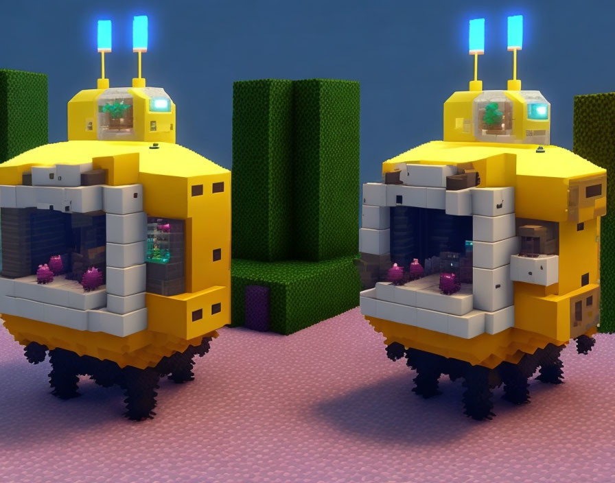 Yellow 3D-rendered submarines with caterpillar tracks on pink surface against blue background