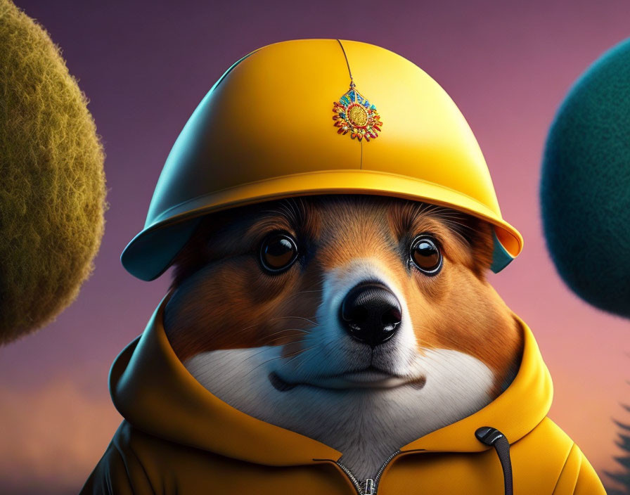 Colorful Corgi Digital Artwork with Hard Hat and Hoodie