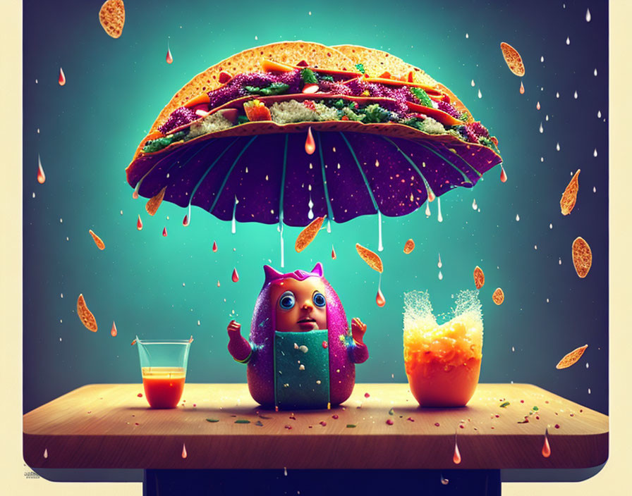 Toy-like creature under taco-shaped umbrella with food splashing around