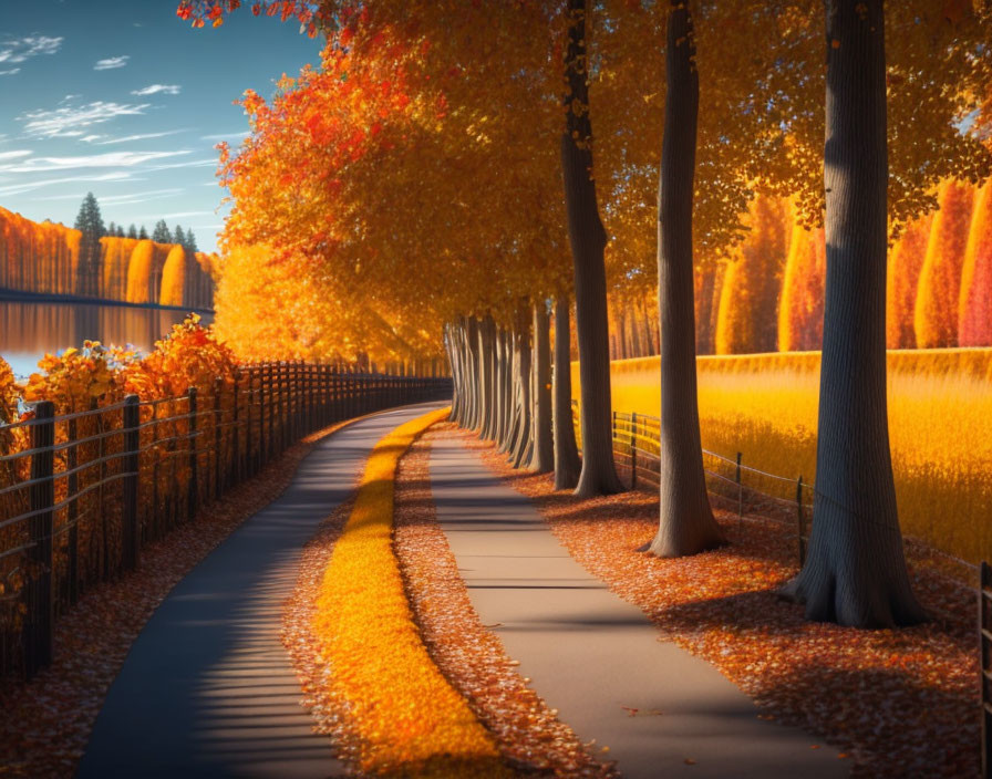 Autumnal landscape with winding path, vibrant trees, and calm lake