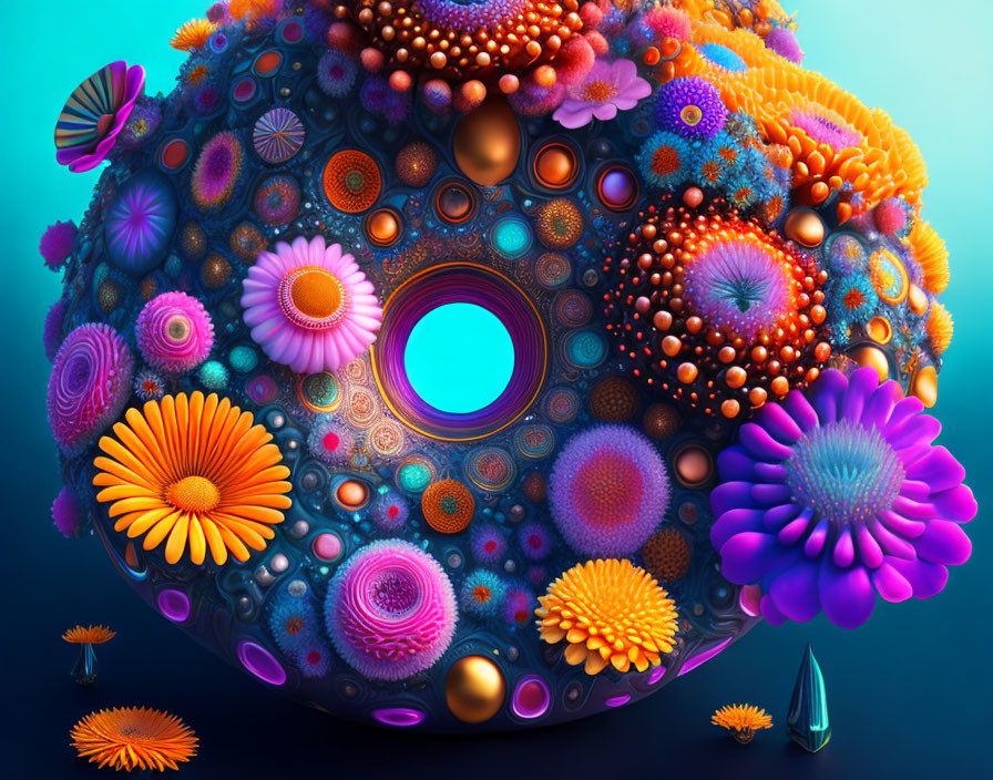 Colorful spherical object with intricate flower-like patterns on blue gradient background