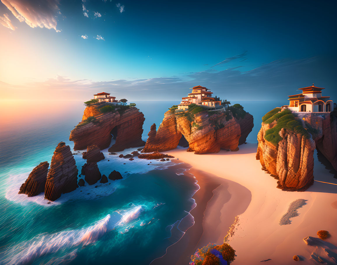 Coastal landscape with towering rock formations and elegant buildings overlooking blue sea