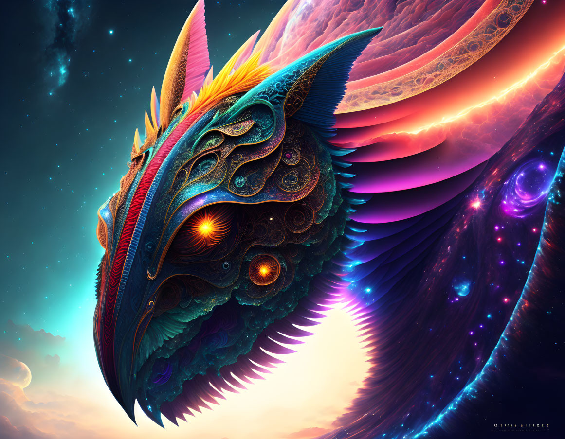 Mythological bird-like creature digital artwork with cosmic starry background