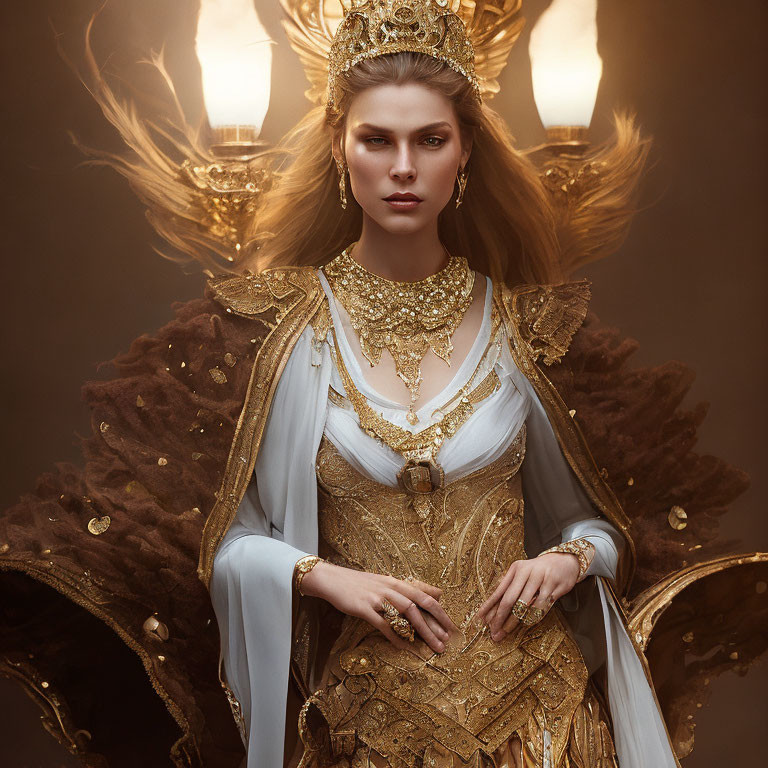 Regal woman in golden crown and fur-lined cape with glowing chandeliers