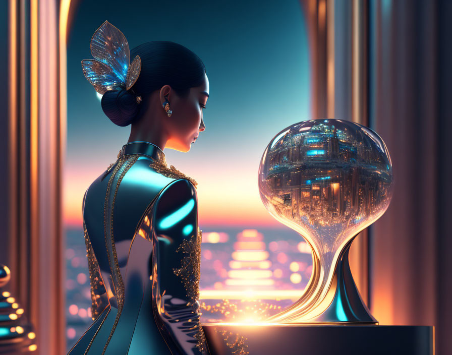 Futuristic woman in elegant suit with glowing orb in city at dusk