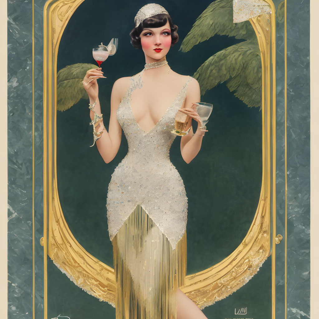 1920s Style Woman in Sparkling Flapper Dress with Martini Glasses