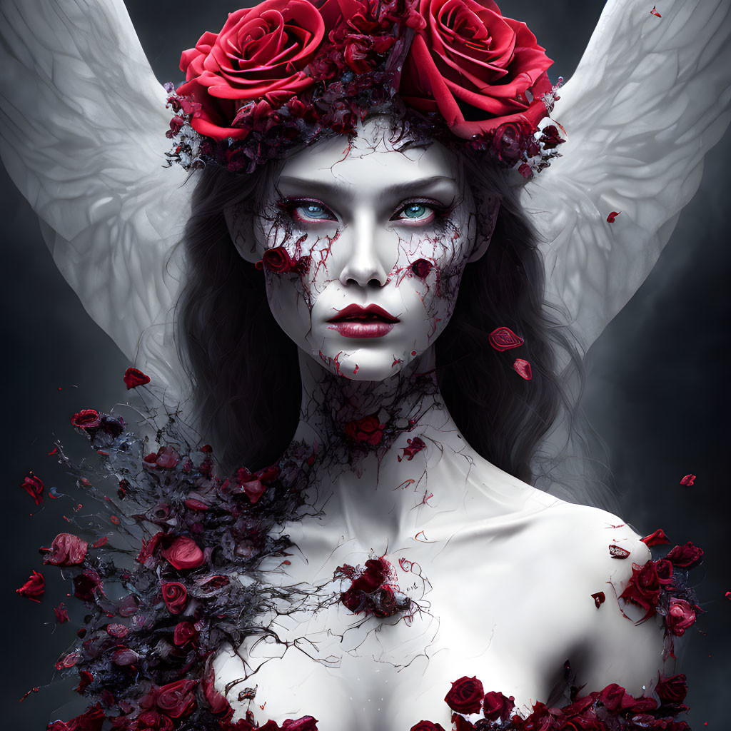 Fantasy-themed woman with pale skin, red roses, dramatic makeup, and ethereal wings on dark