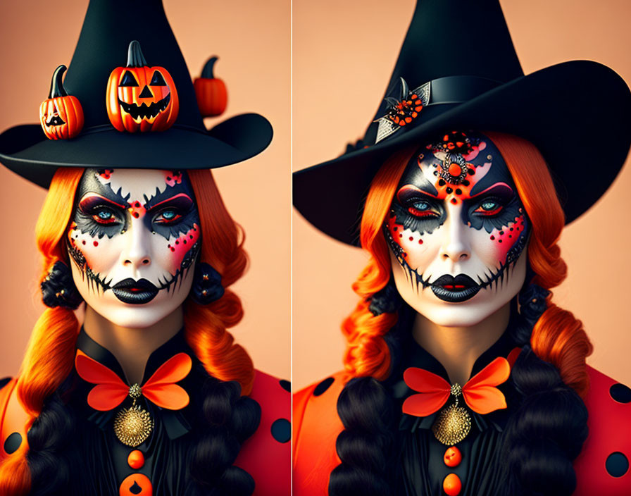 Elaborate Halloween makeup with orange hair, witch hat, and pumpkin necklace