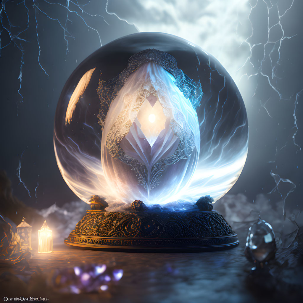 Intricate mystical crystal ball with lightning and lantern under stormy sky