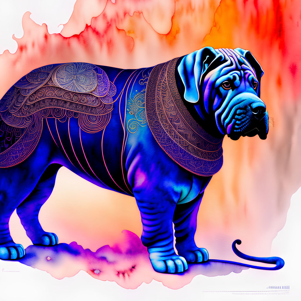 Colorful Bulldog Digital Artwork with Blue and Purple Patterns on Abstract Background