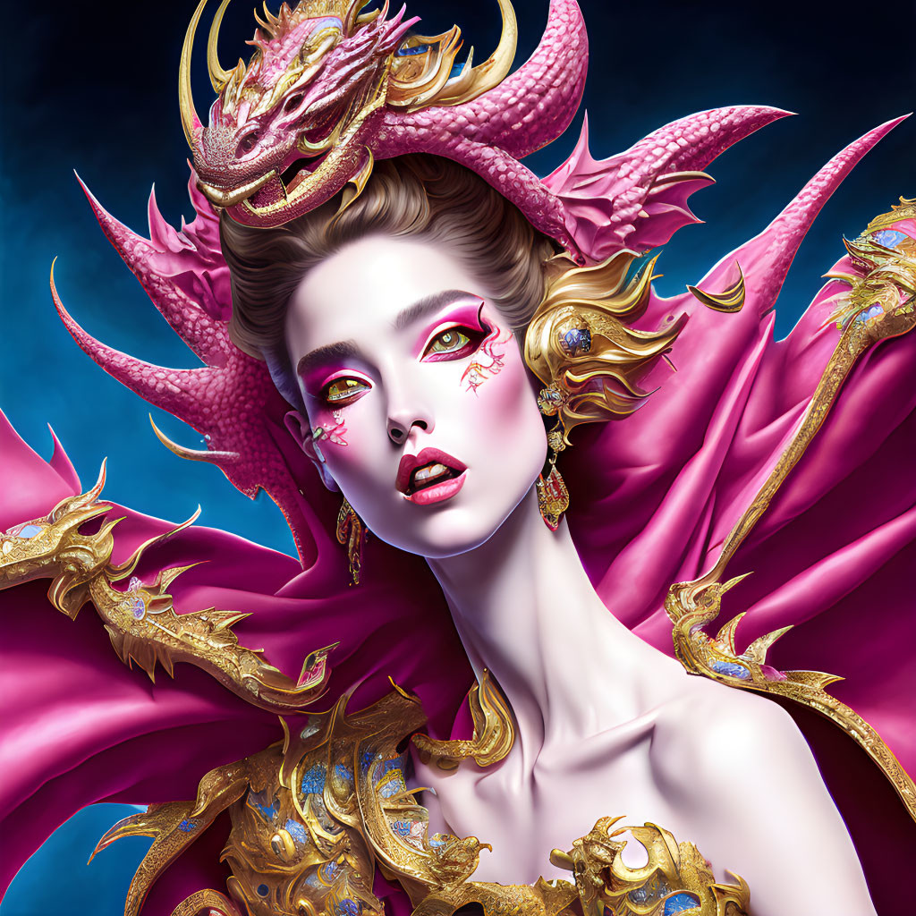 Elaborate Pink and Gold Dragon-Themed Attire Woman Portrait