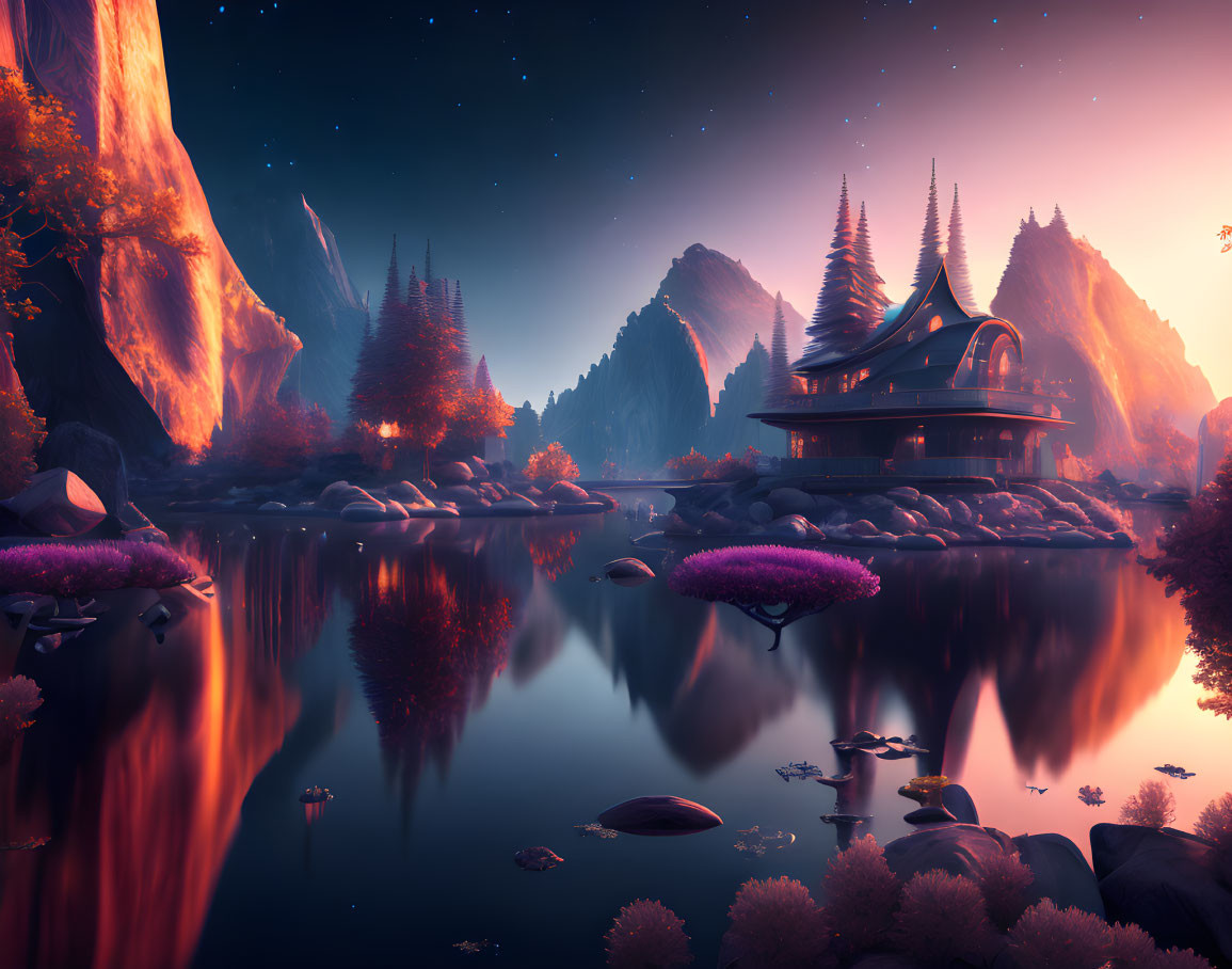 Pagoda-style house in fantasy landscape at dusk with mountains, pink trees, and vibrant sky