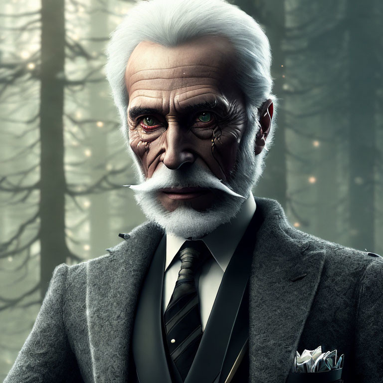 Elderly man with white beard and red eyes in gray suit in foggy forest