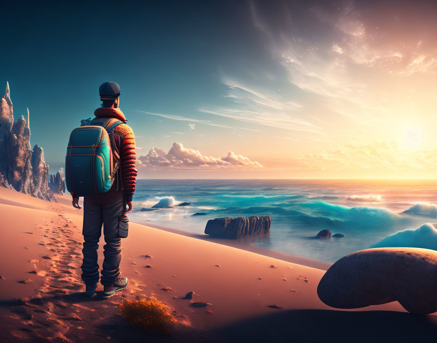 Person on Sandy Beach at Sunset with Ocean, Rock, and Starry Sky