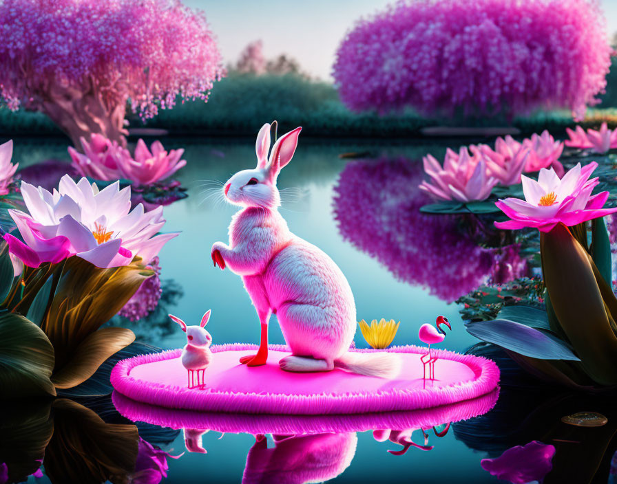 Illustration of Large Pink Rabbit and Tiny Bunny on Lily Pad with Flamingoes and Lotuses