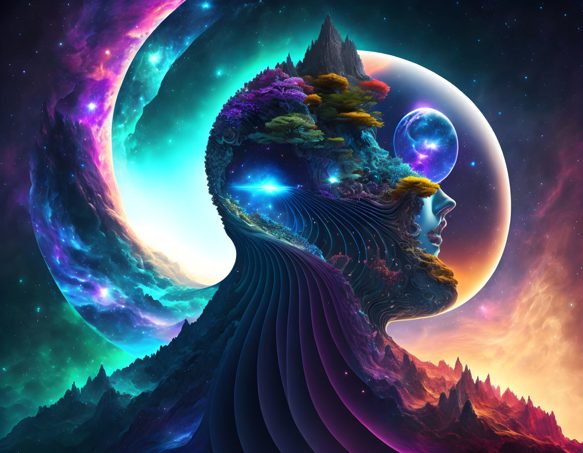 Vibrant digital artwork: Woman's profile merges with cosmic landscape