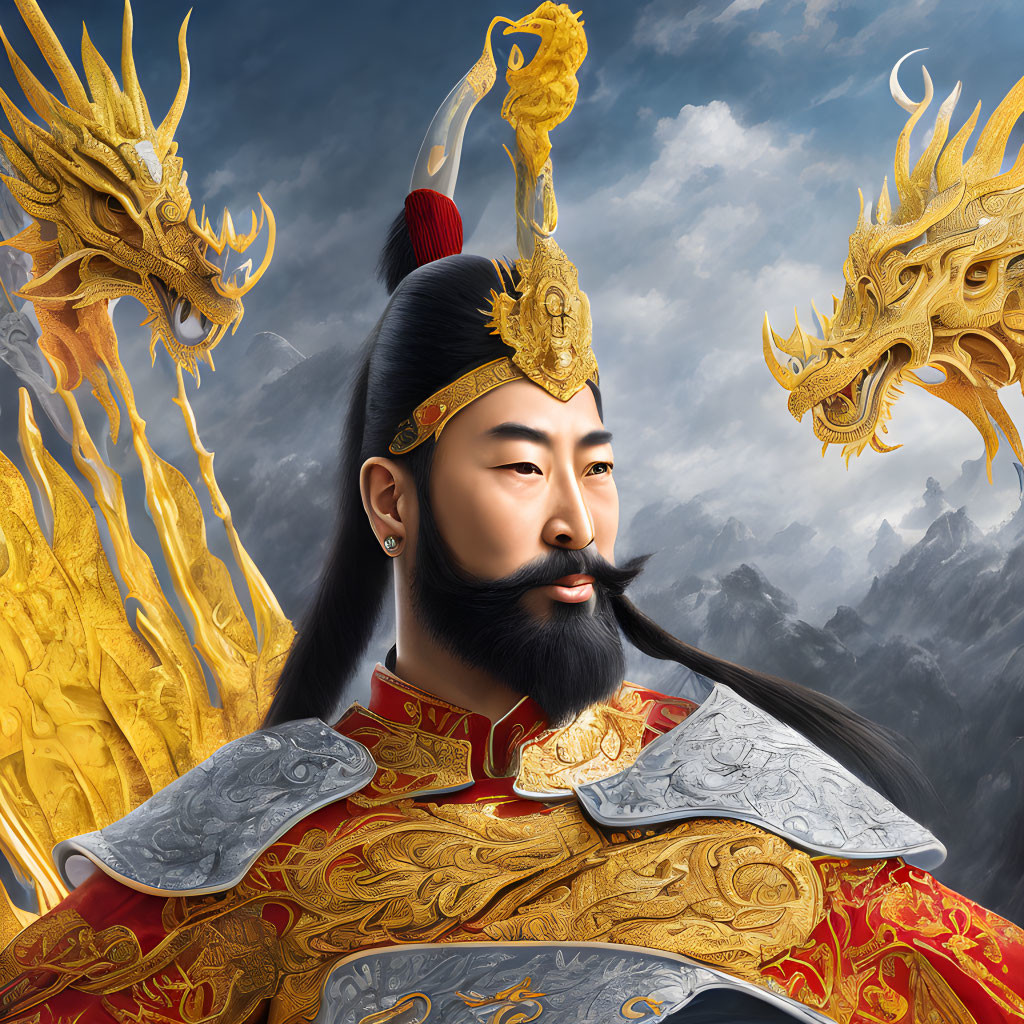 Ancient Asian warrior in golden dragon armor against mountain backdrop